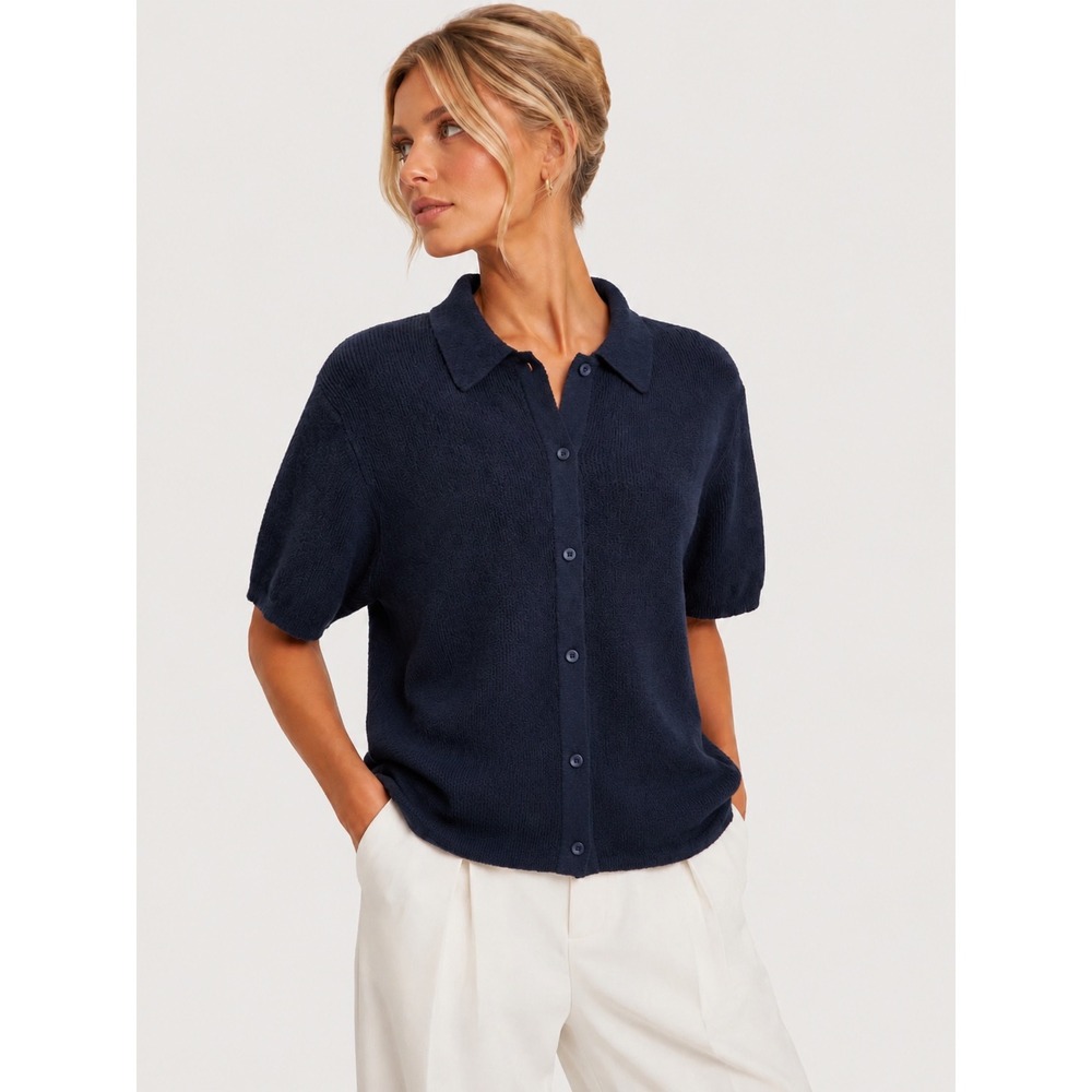Sage + Steel New York Navy Blue Knit Button Down Short sleeve Shirt XXL New